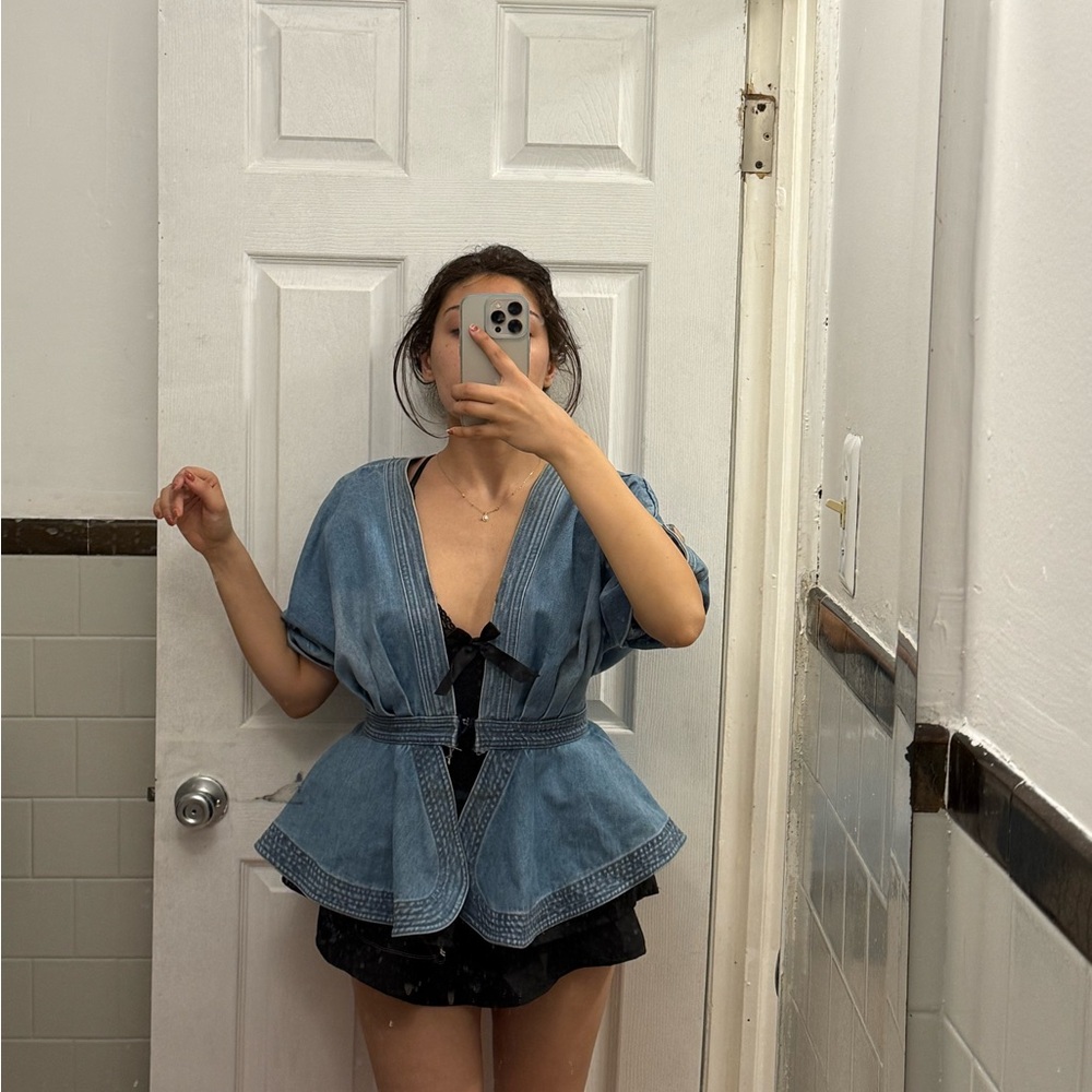 Denim Peplum Tie-Front Top - Light Blue